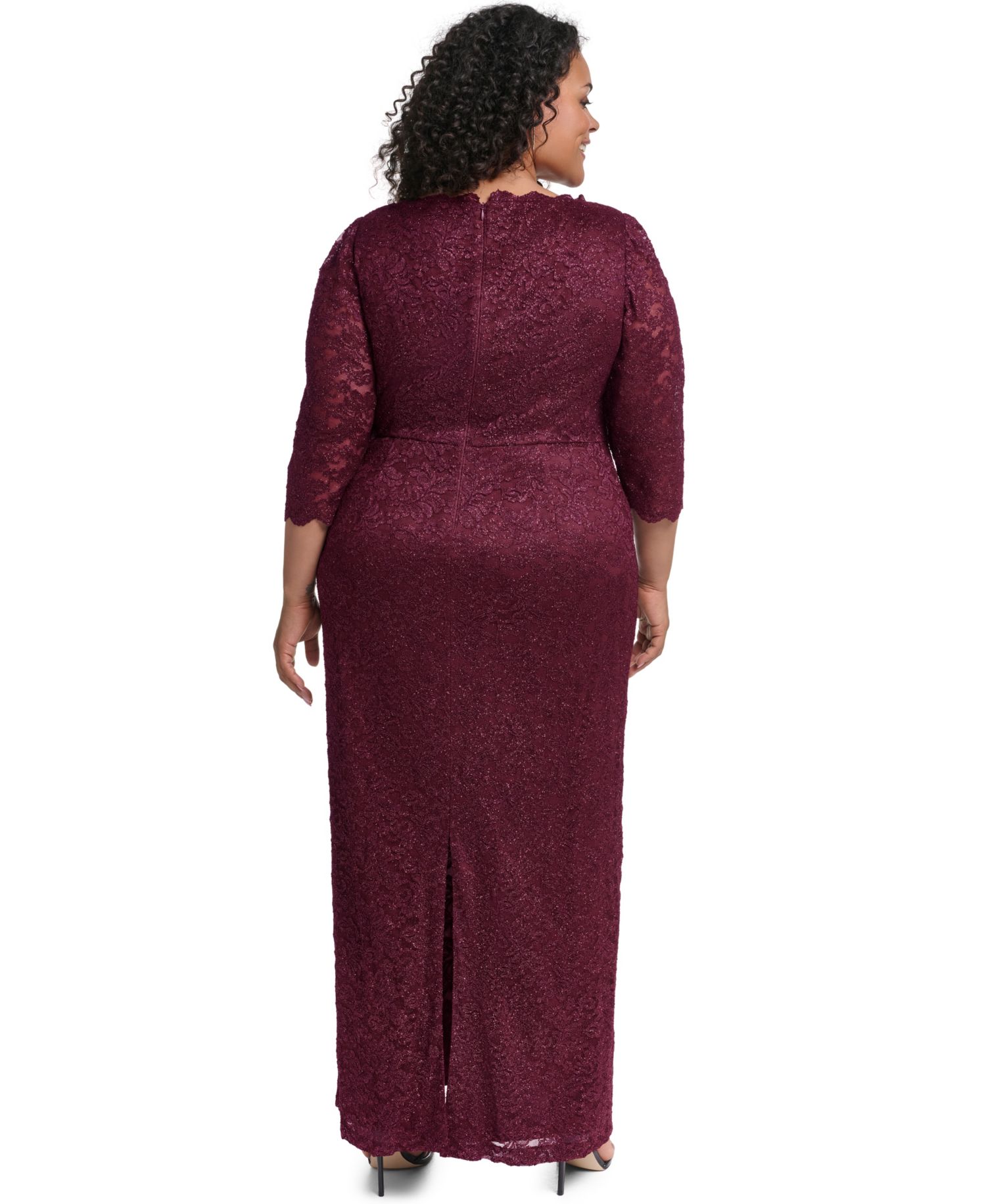 Plus Size Lace Boat Neck 3/4 Sleeve Gown