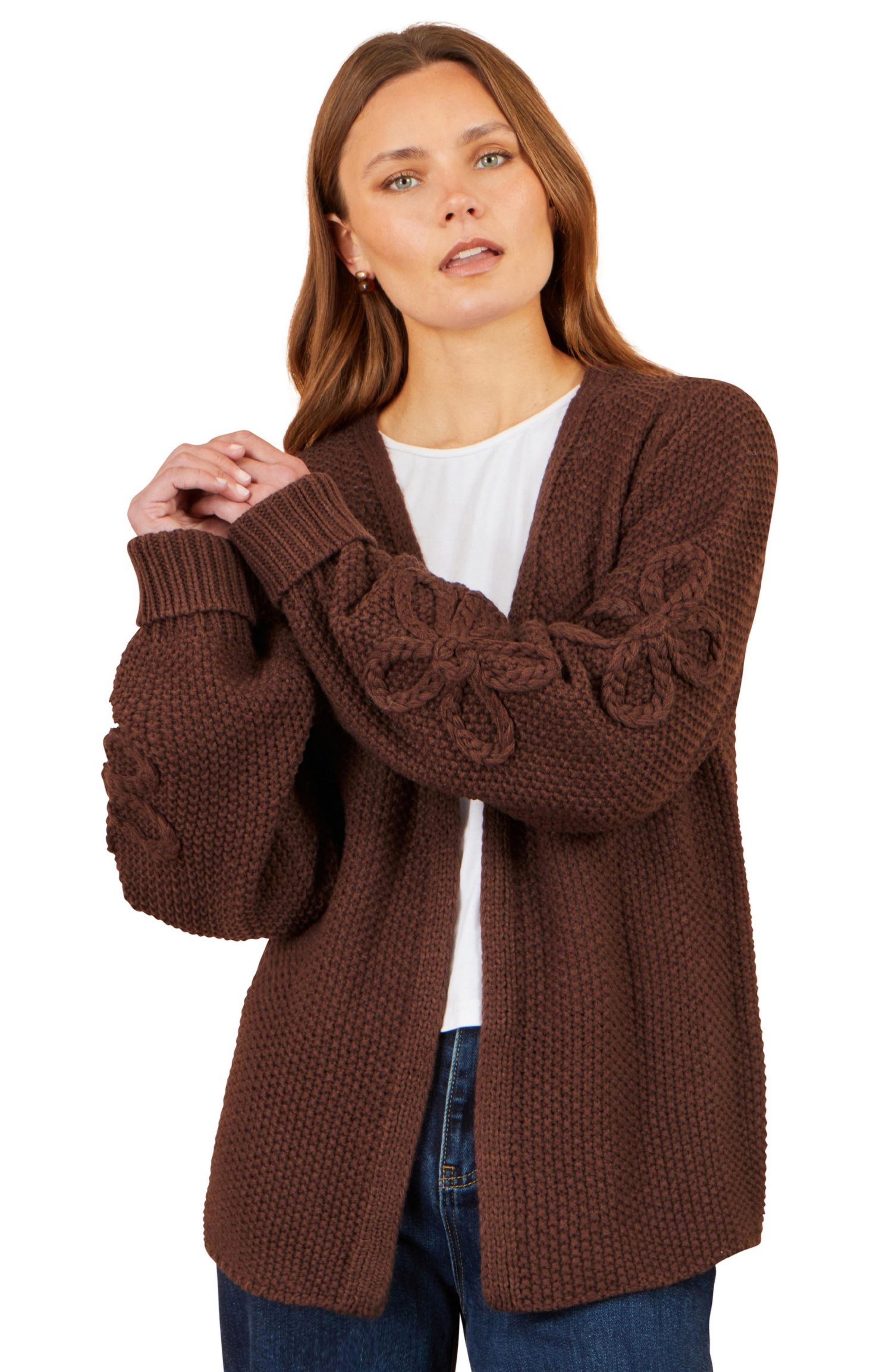 Women's Chunky-Knit Flower-Detail-Sleeve Cardigan