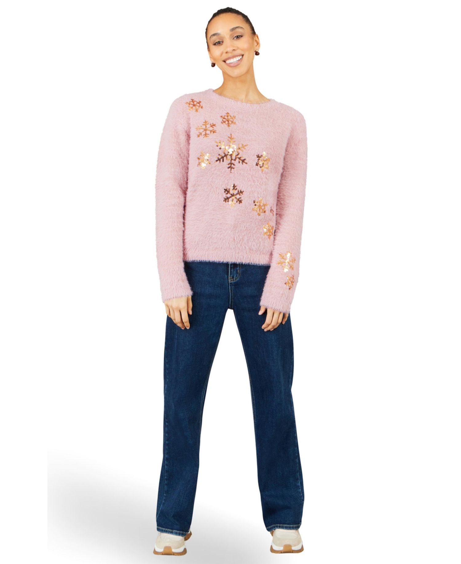 Women's Sequin Snowflake Fluffy Crewneck Sweater