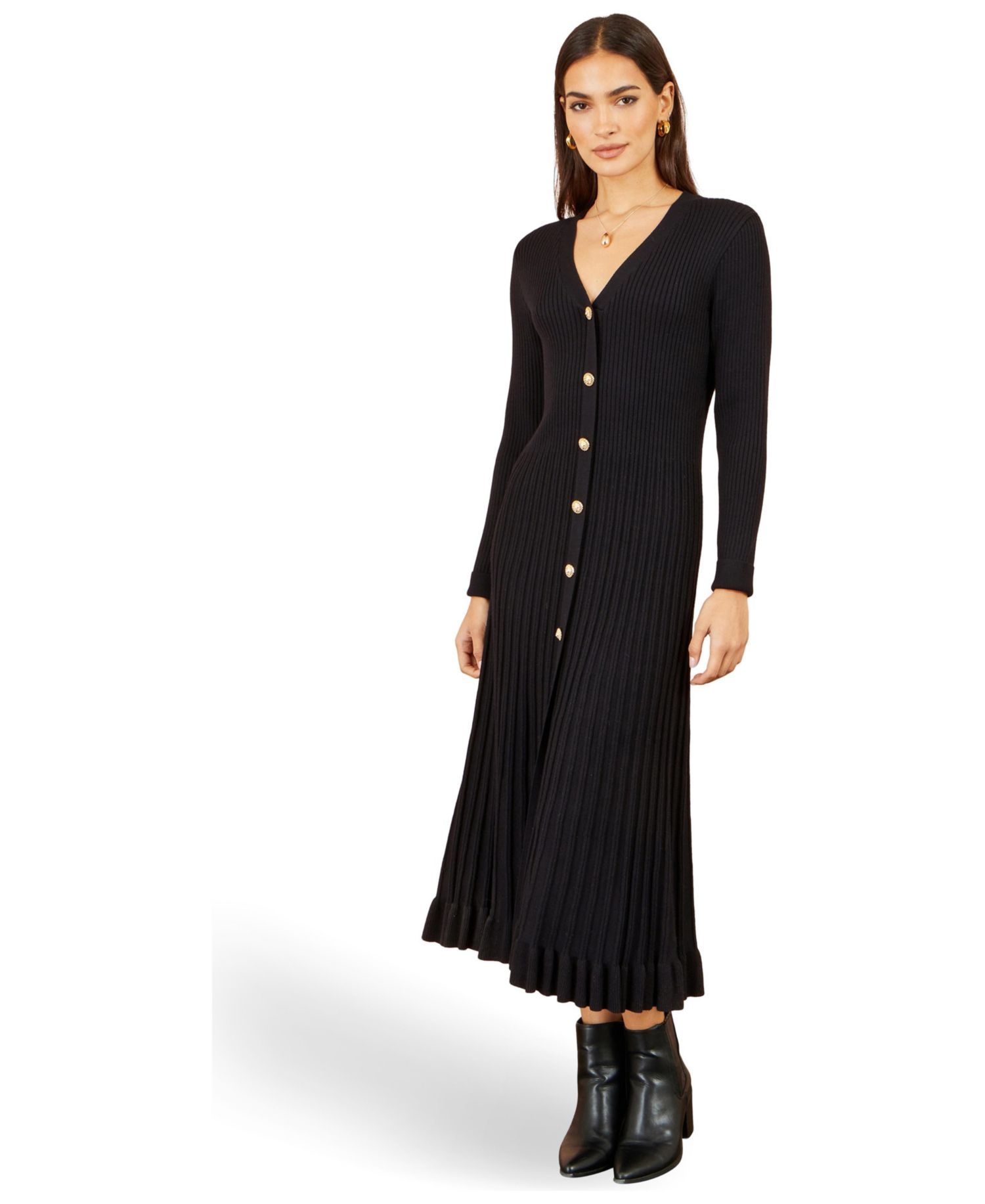 Women's Long Sleeve Ribbed Midi Knit Dress