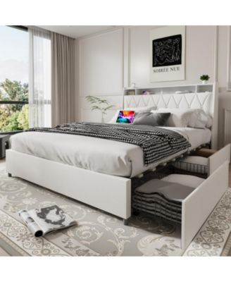 Queen Size Platform Bed Frame with Ergonomic Headboard, Outlets, USB Charger, Storage Shelf, Noise-Free, No Box Spring Needed