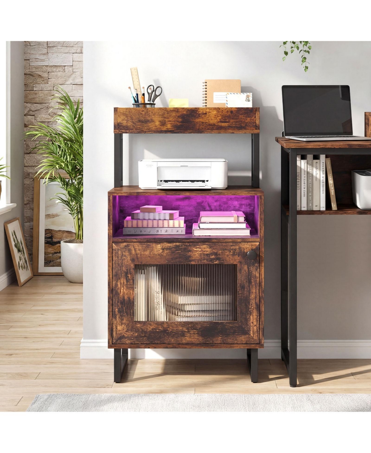 Costway Nightstand with Led Lights, Modern End Table Top Tray, Open Compartment