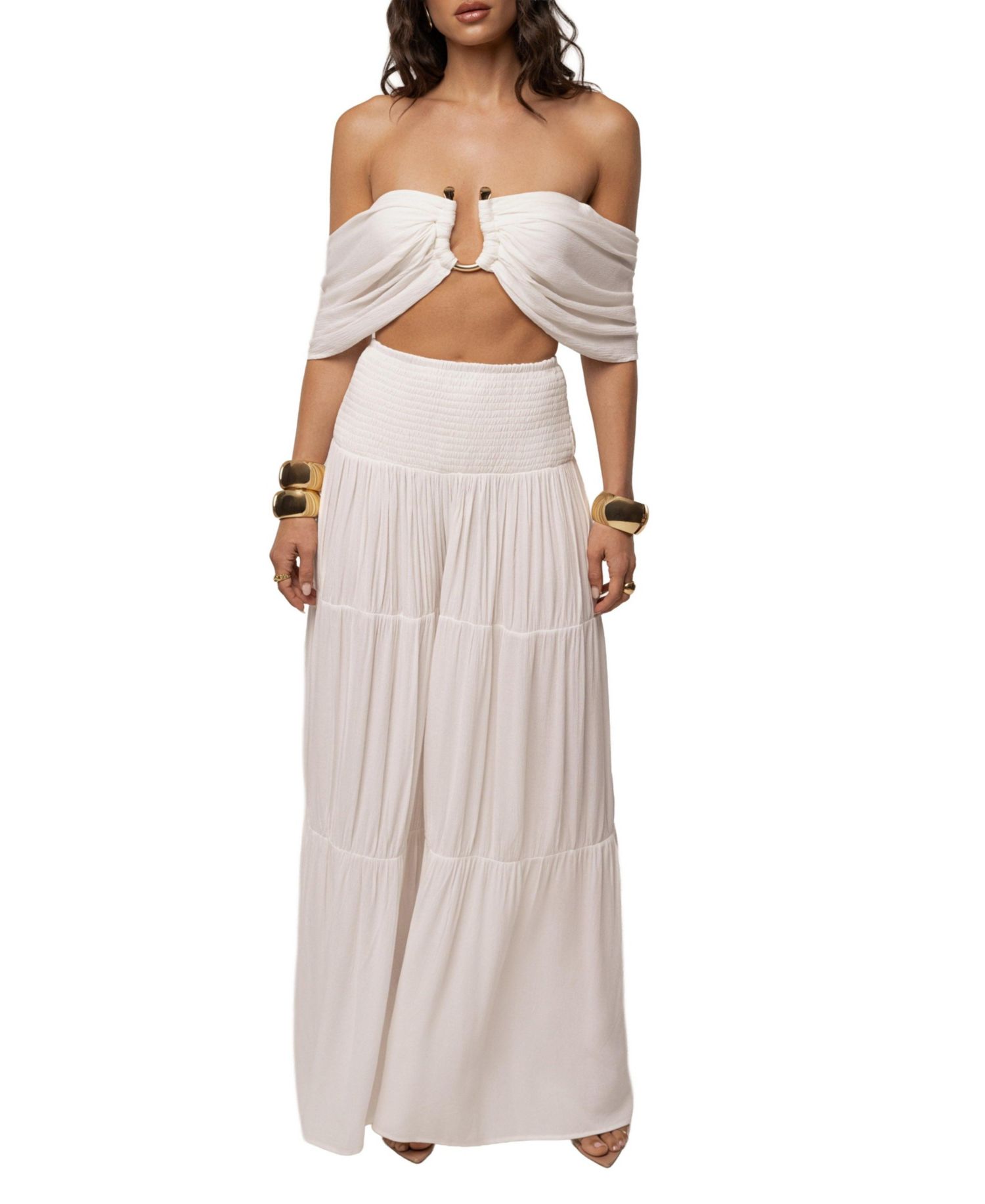 Women's Hidden Gems Tier Off-the-Shoulder Crop High-Waisted Top and Pants, 2-Piece Set