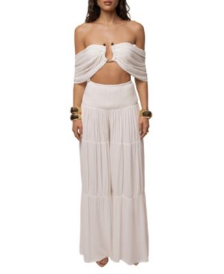 Women's Hidden Gems Tier Off-the-Shoulder Crop High-Waisted Top and Pants, 2-Piece Set