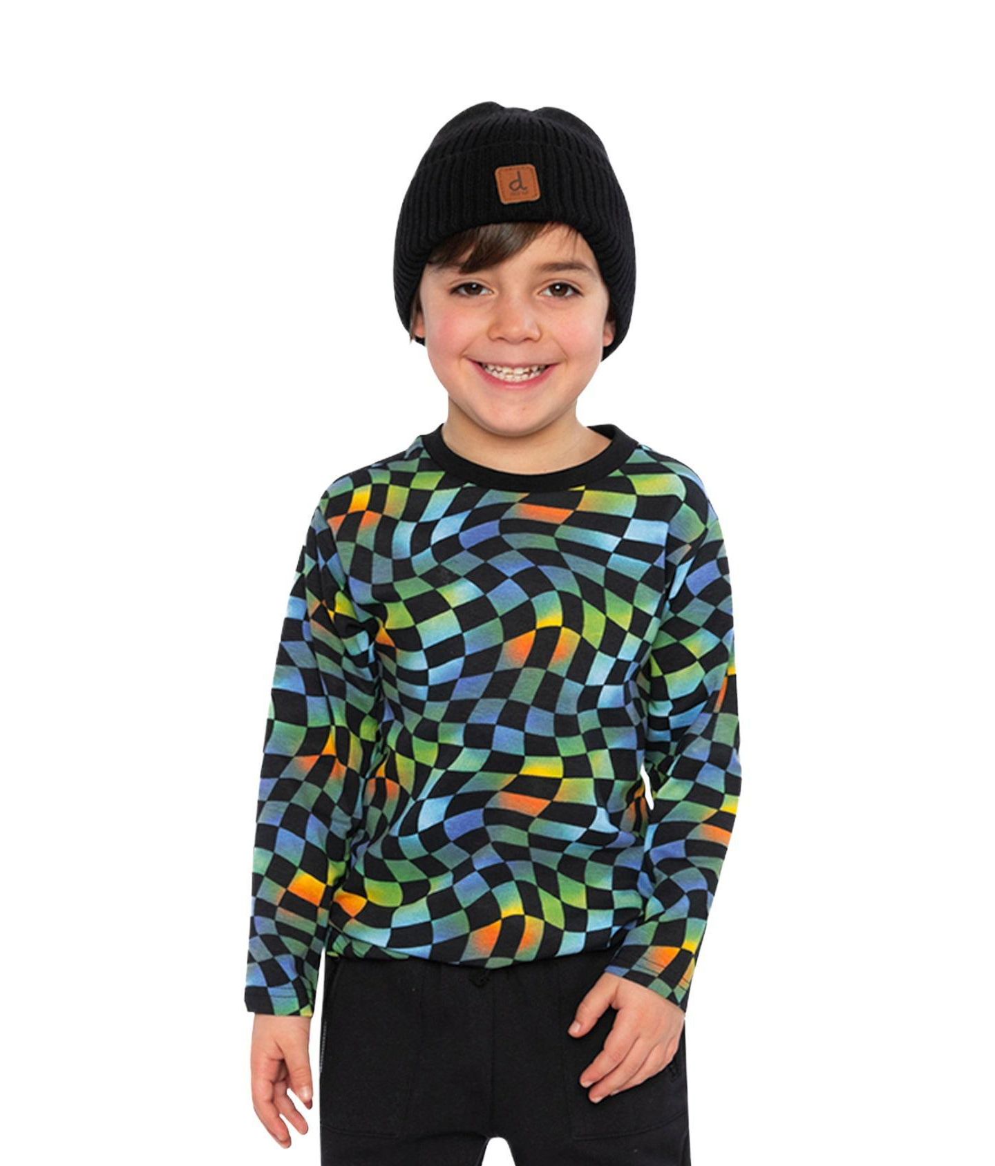 Футболка Deux par Deux Cotton Long Sleeve T-Shirt Checkered Print для мальчиков, цвет: Синий с принтом — фото 2