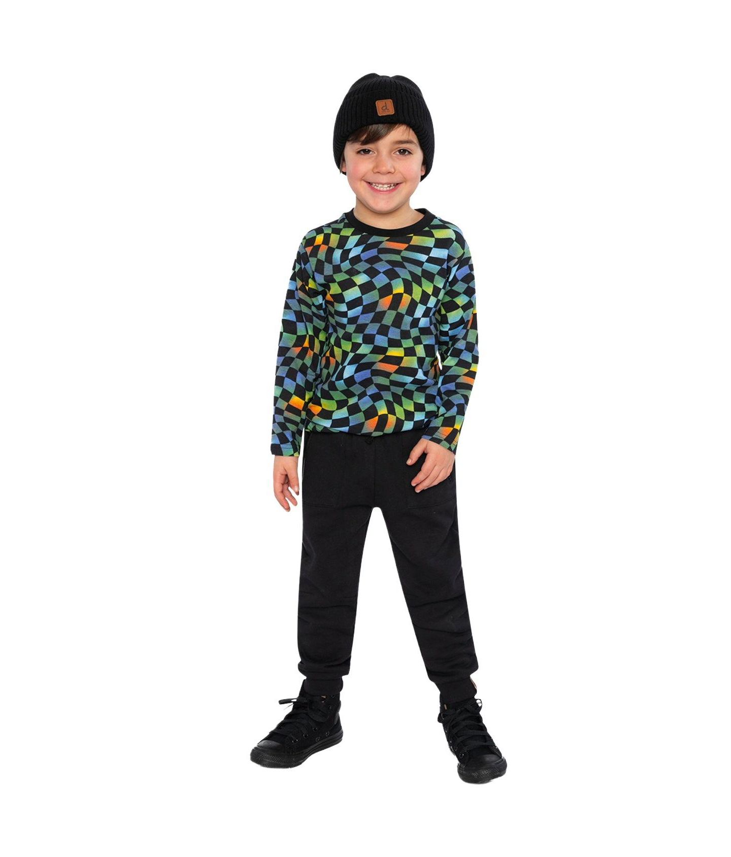 Футболка Deux par Deux Cotton Long Sleeve T-Shirt Checkered Print для мальчиков, цвет: Синий с принтом — фото 6