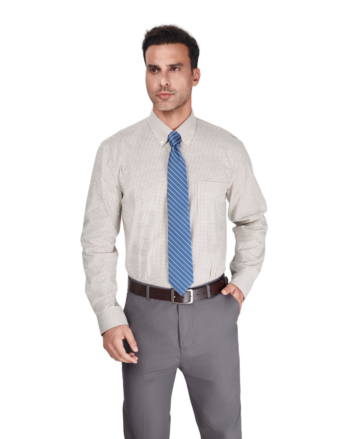 Men's Regular-Fit Brown Plaid Dress Shirt