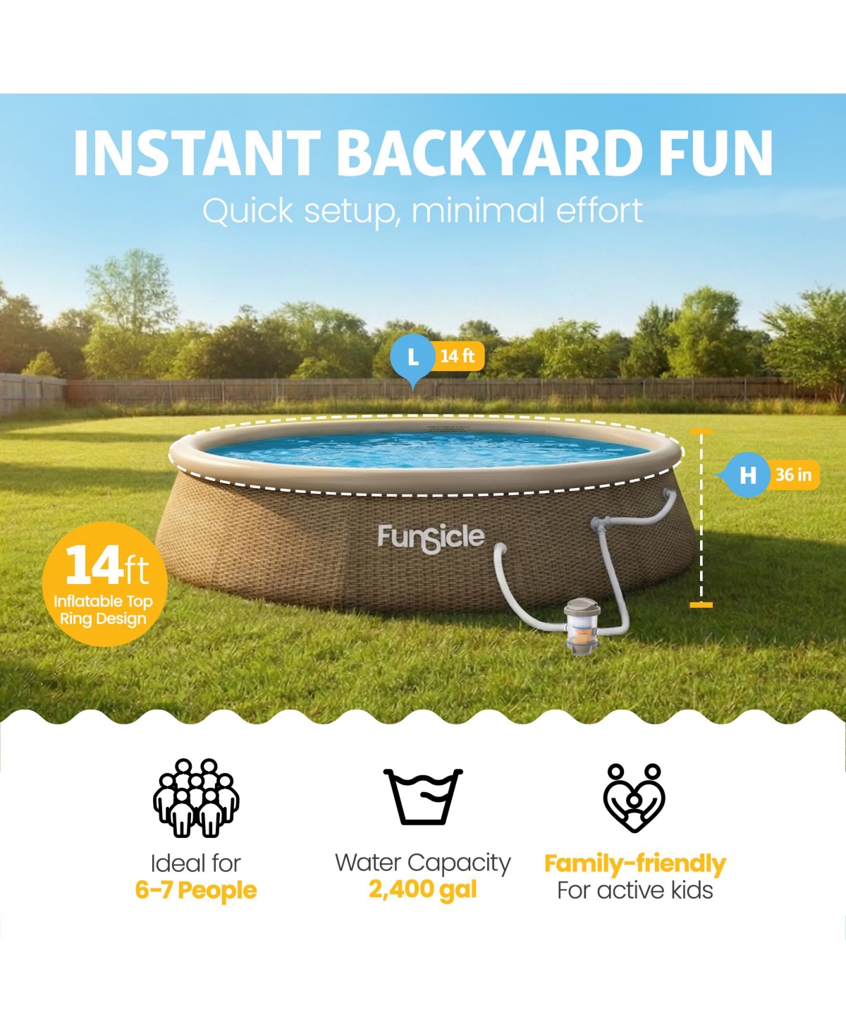 Funsicle 14' x 36" QuickSet Inflatable Ring Top Outdoor Above Ground Pool w/Pump