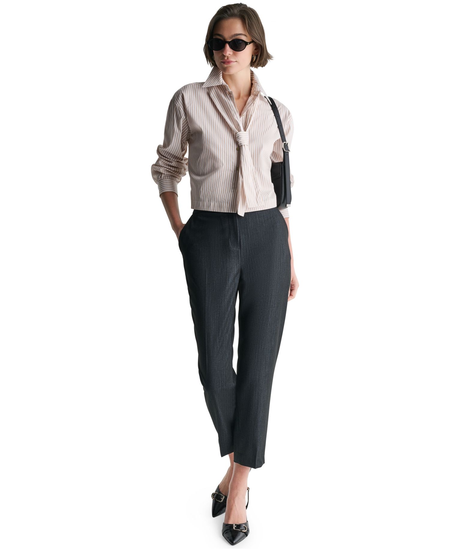 Women's Long-Sleeve Striped Tie Neck Blouse