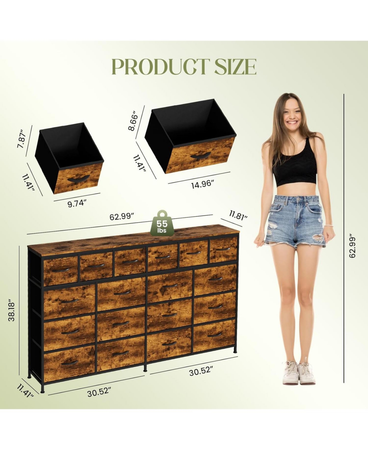 homfan 63" Wide Fabric Dresser and Tv Stand with Charging Station, 18 Drawers