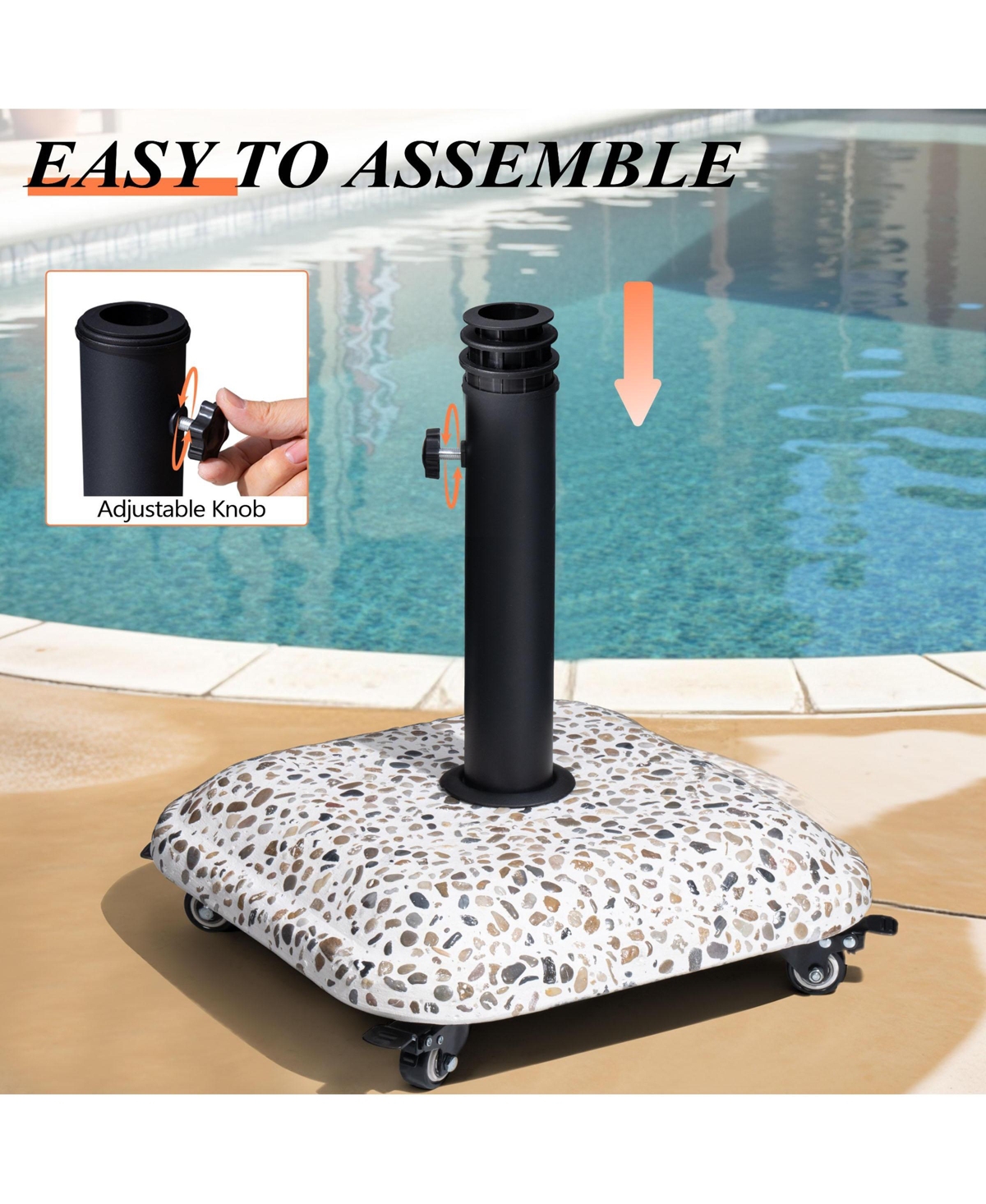Pellebant Outdoor Patio Square Umbrella Base Stand Concrete-cobble Finish Swivel Wheels Adjustable Knob