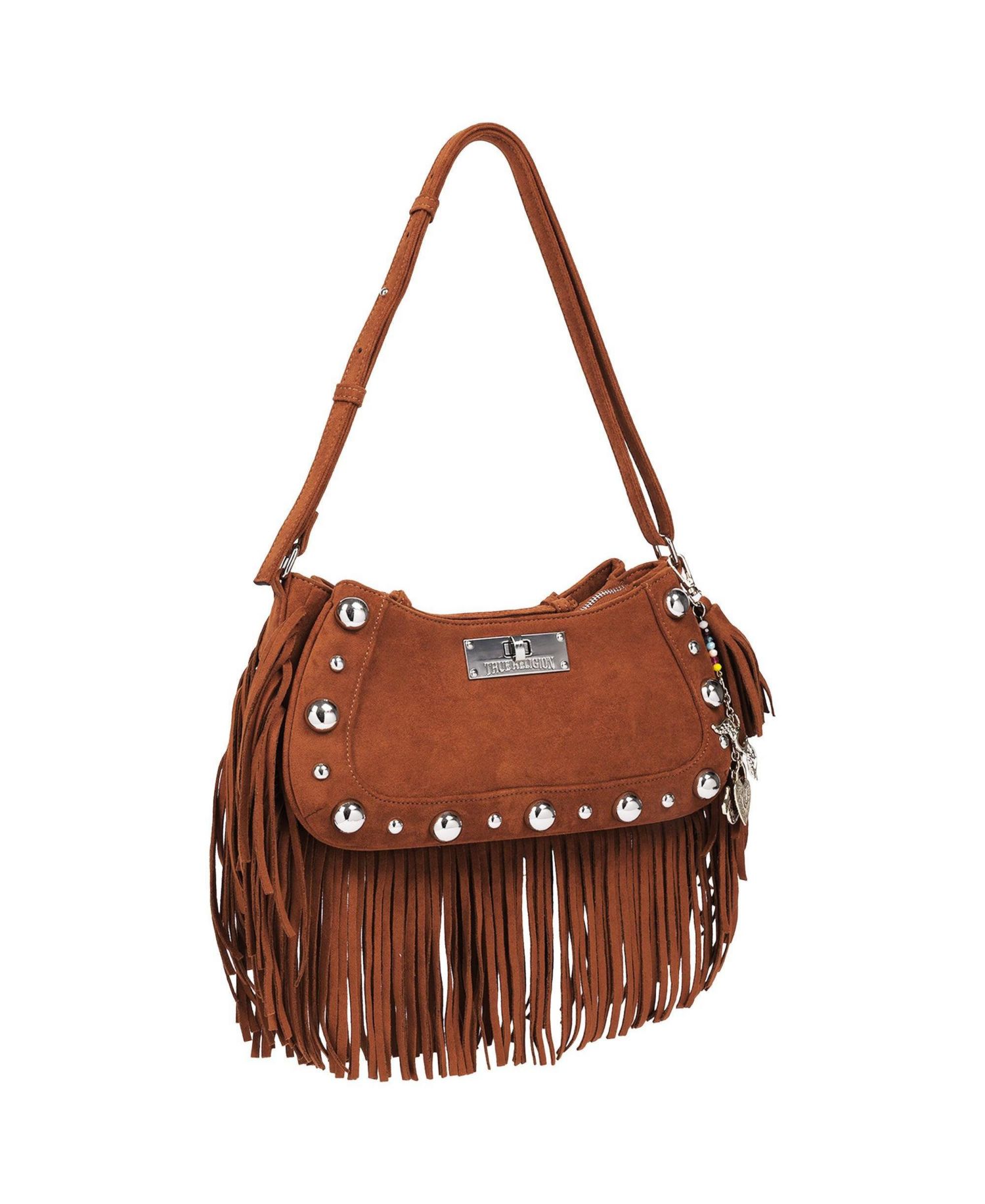 Vintage Dangle Fringe Hobo Bag with Studded Trim and Charm Accents