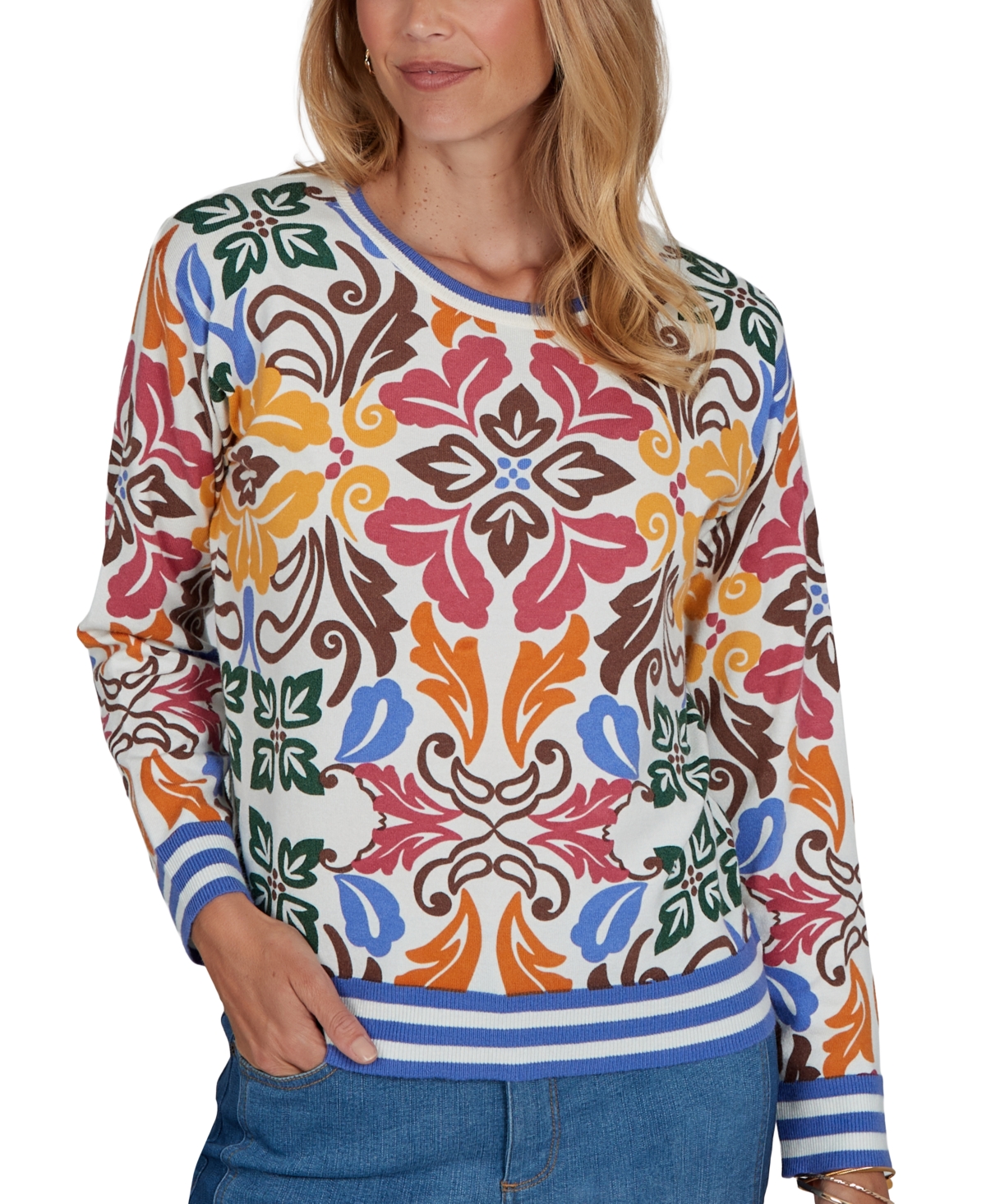 Ruby Rd. Petite Tipped Floral Lightweight Sweater In Ivory Multi