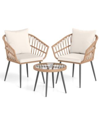 3 Piece Patio Bistro Set with PE Rattan Chairs and Glass Coffee Table