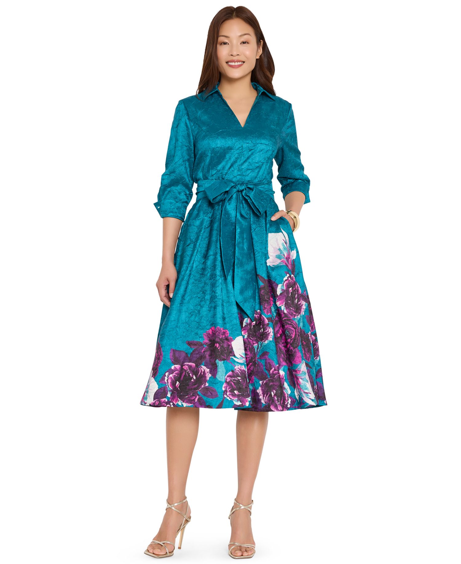 Women's Floral Metallic-Embroidery Fit & Flare Midi Dress
