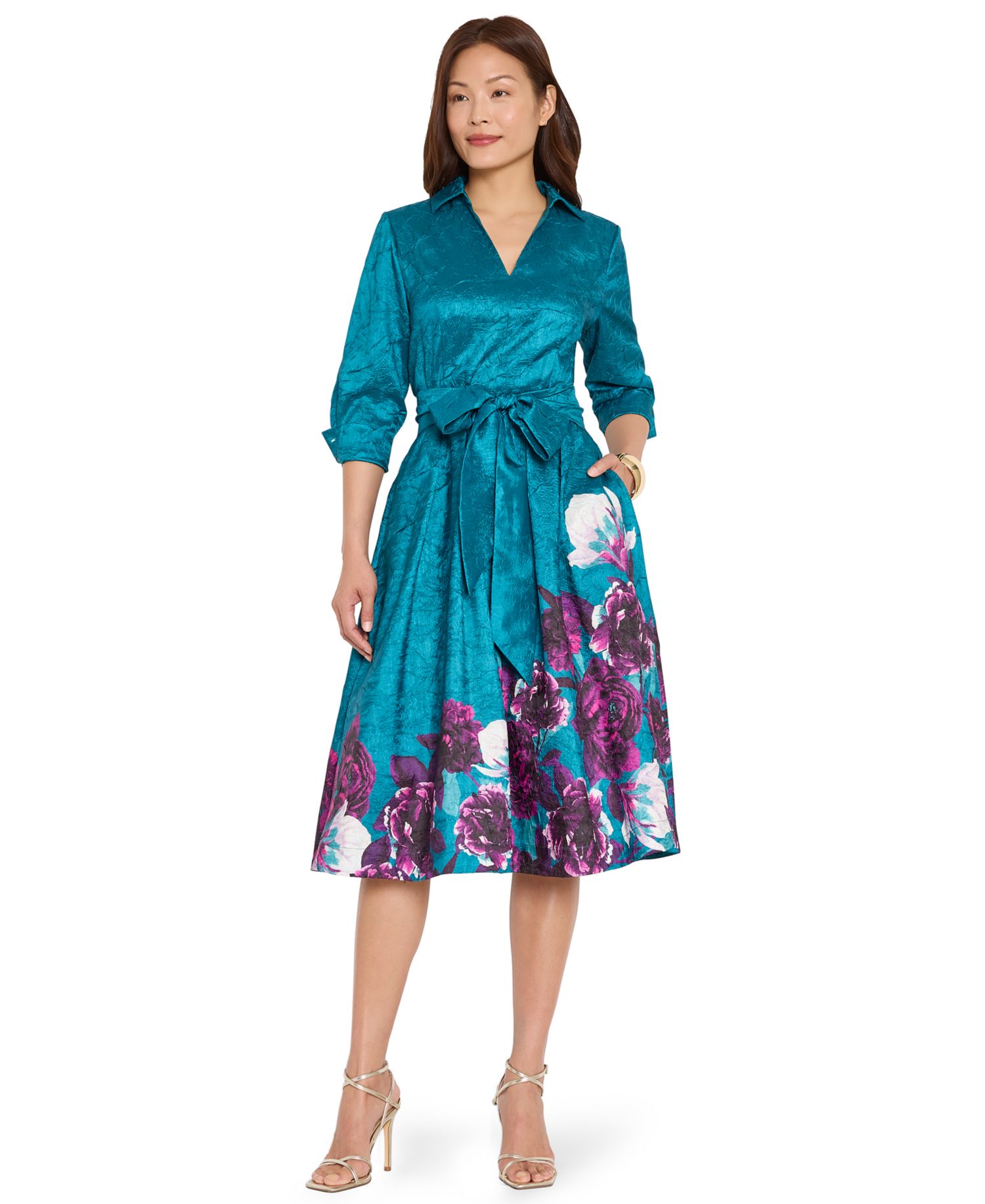 Women's Floral Metallic-Embroidery Fit & Flare Midi Dress