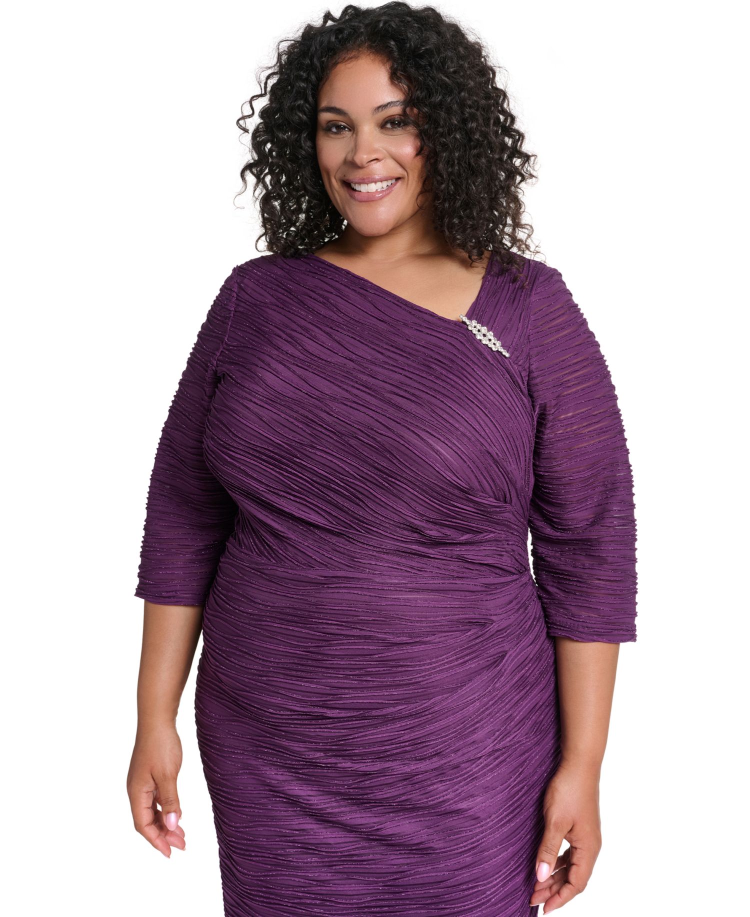 Plus Size Asymmetrical-Neck 3/4-Sleeve Side-Tuck Dress