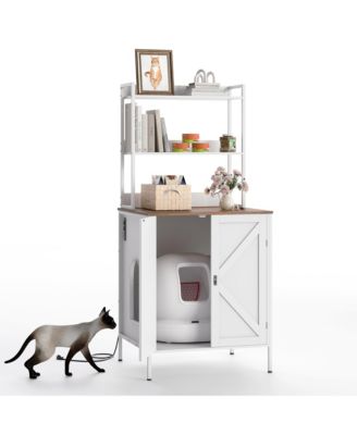 Farmhouse Cat Litter Box Enclosure Cabinet – 70" Tall Hidden Litter Box Furniture with Charging Station, Storage Shelves, Magnetic Lock Doors