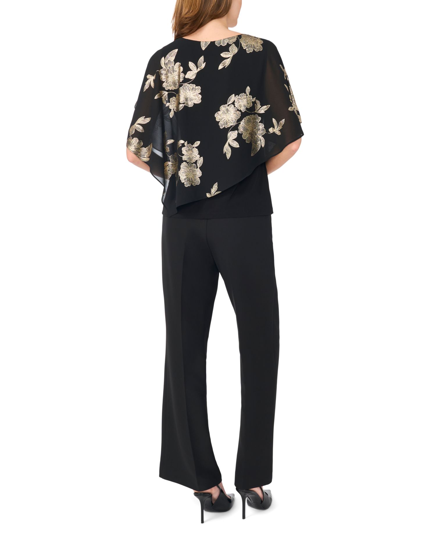Women's Foil Floral-Print Cold-Shoulder Cape-Sleeve Top
