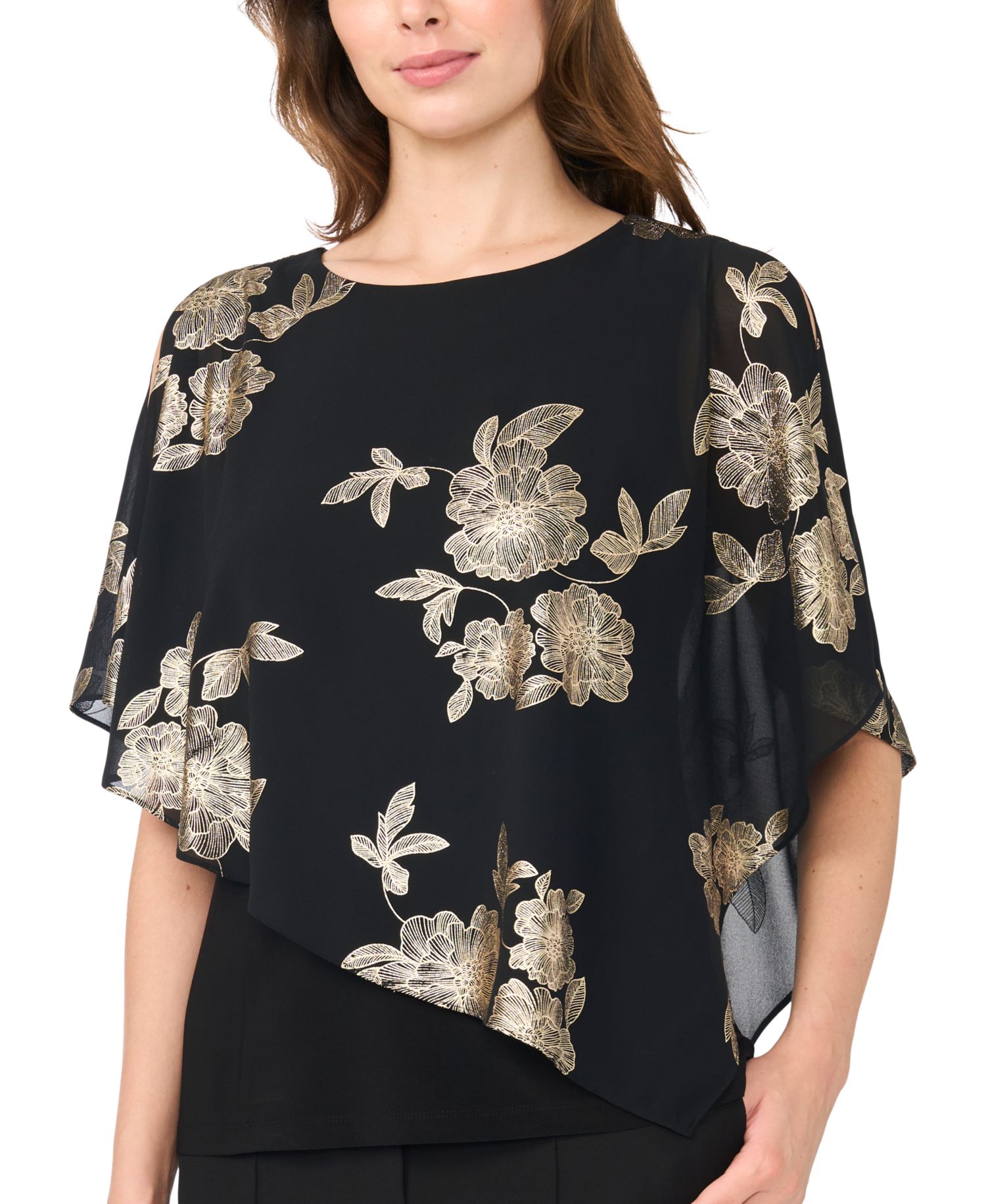 Women's Foil Floral-Print Cold-Shoulder Cape-Sleeve Top
