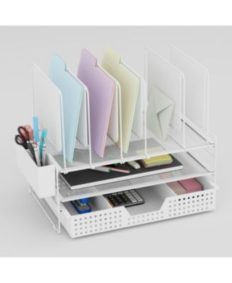 Metal Desk Organizer with Vertical File Holder Drawer Pen Holder Multi-Functional Storage for Home Office School