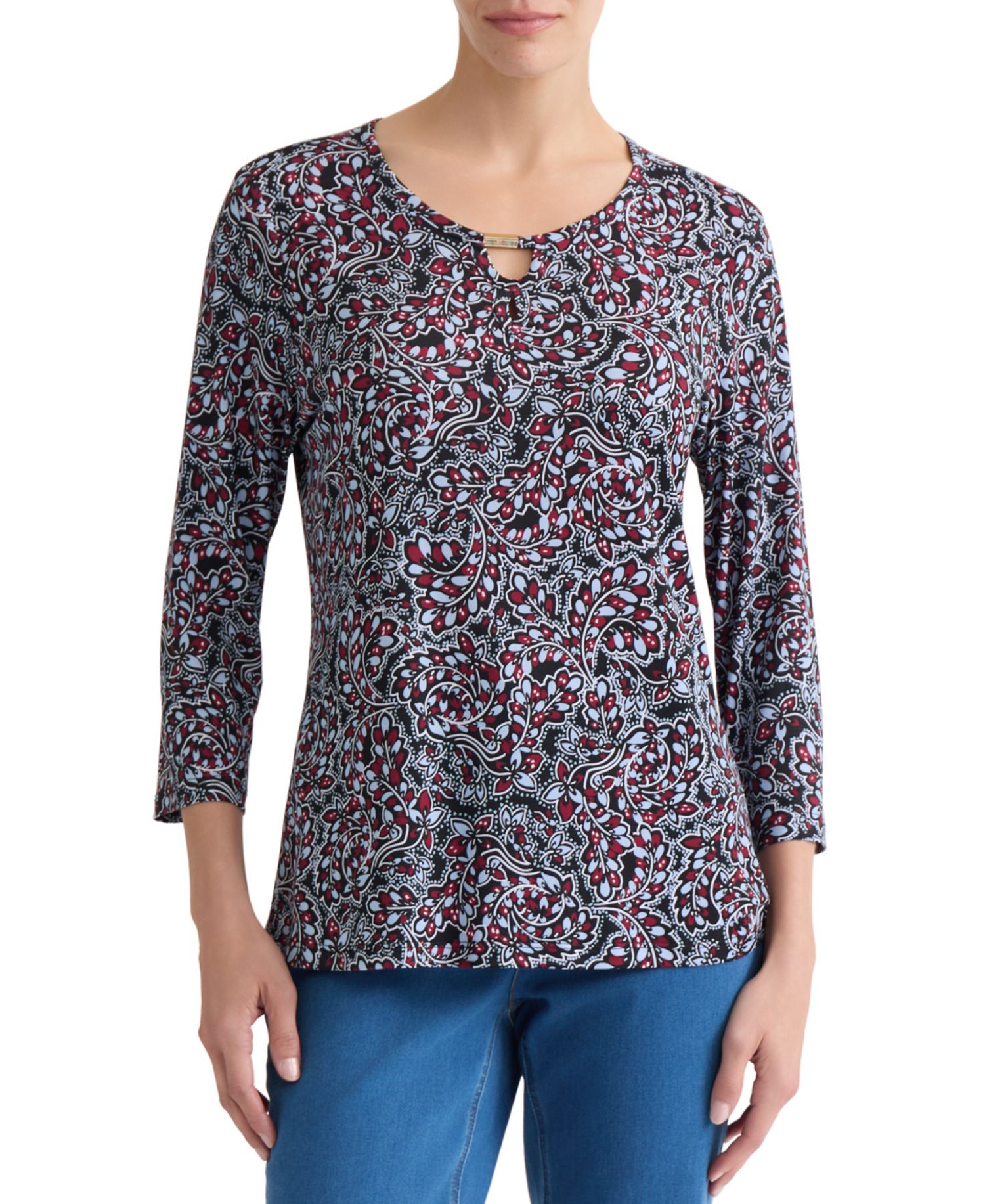 Women's Keyhole 3/4-Sleeve Paisley-Print Top