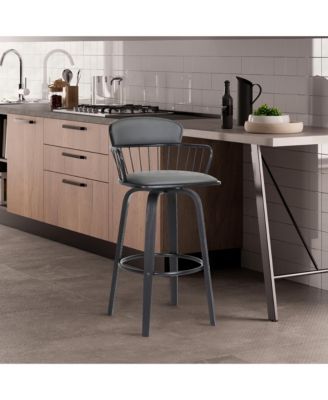 Leather Bar Stool with Metal Backrest, Industrial Swivel Counter Height Chair, Distressed Wood Leg Kitchen Island Stool