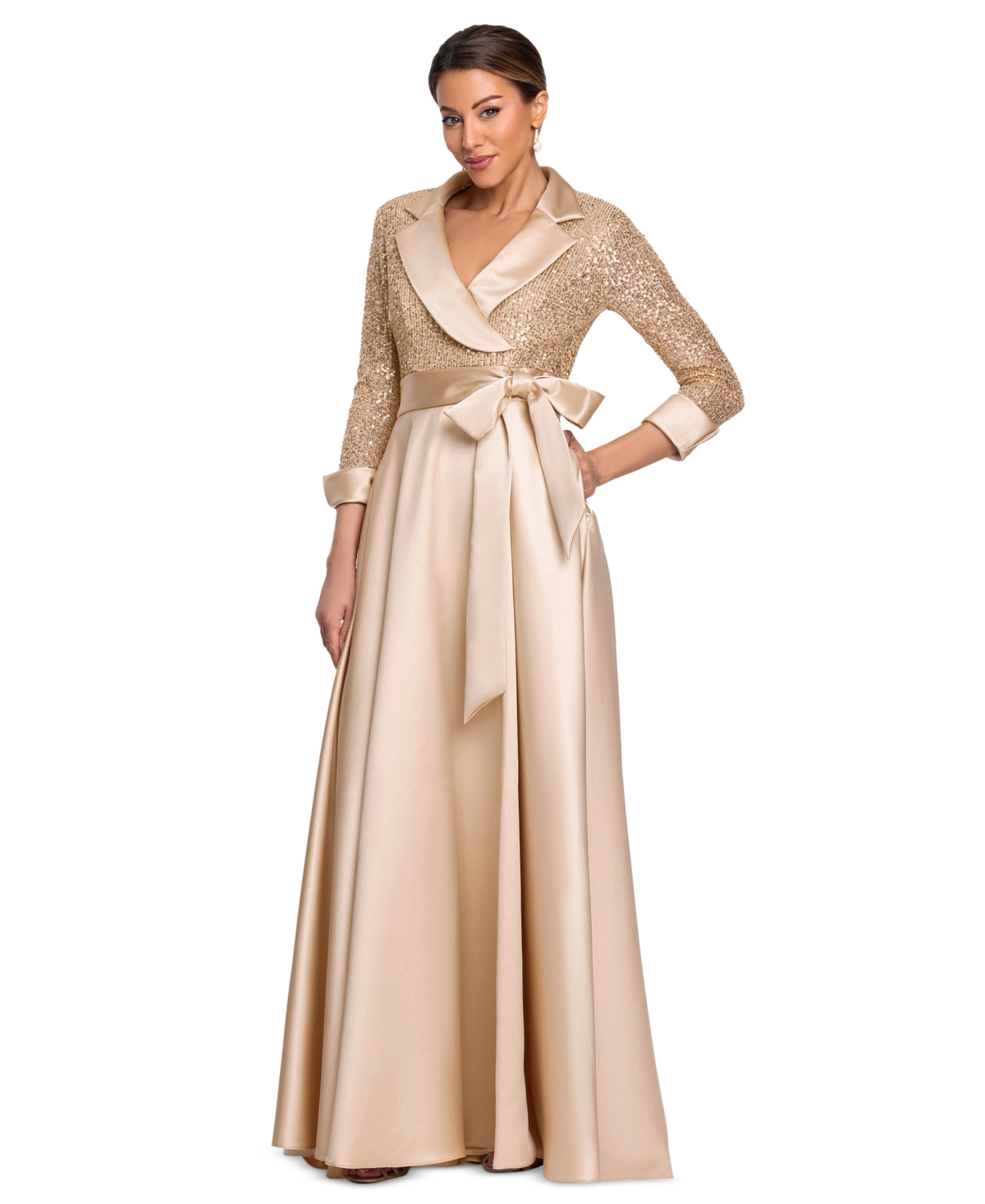 Xscape Women's Sequined Tuxedo Belted Ball Gown