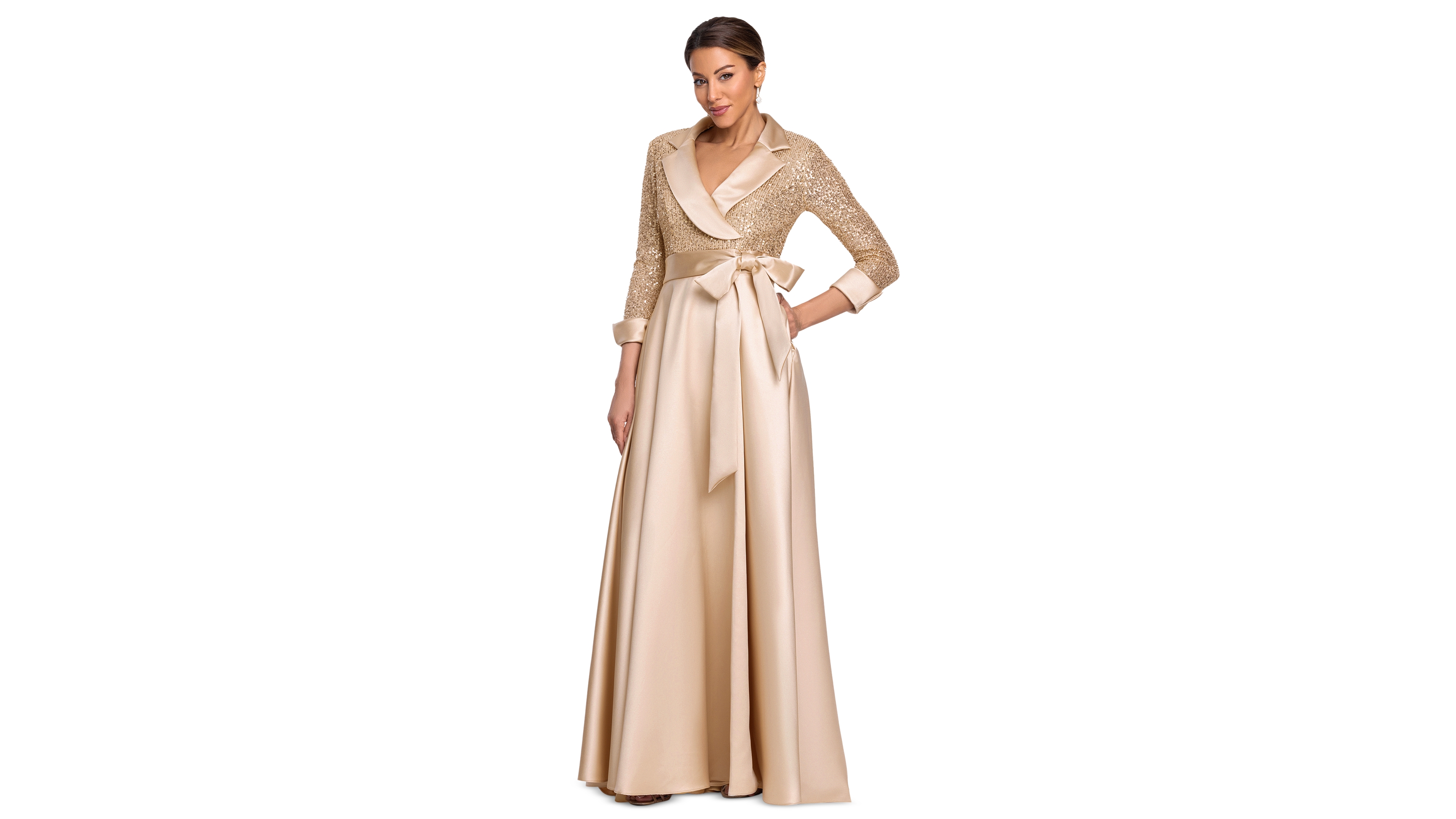 Xscape Women's Sequined Tuxedo Belted Ball Gown