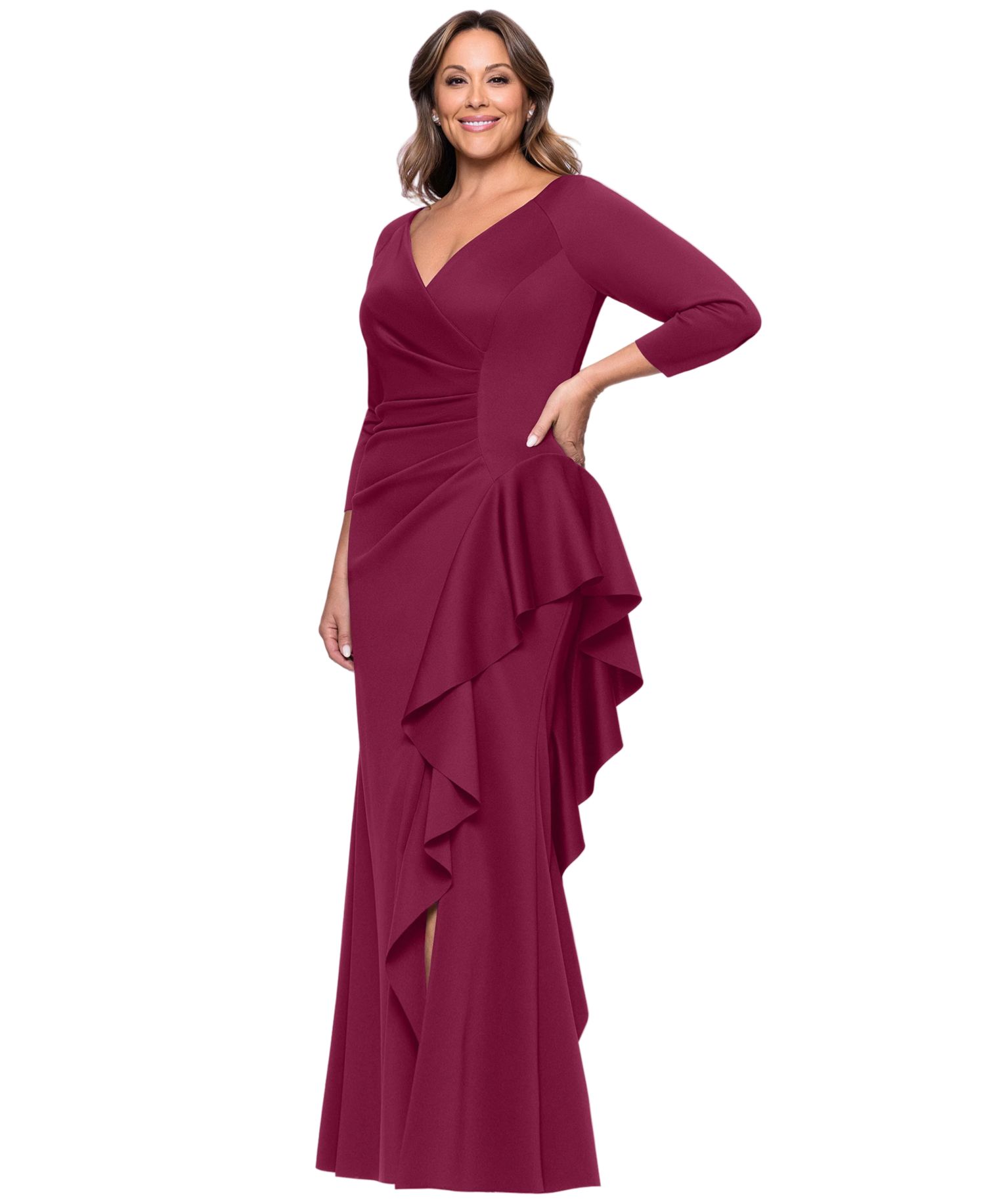 Plus V-Neck Ruffled Side-Slit Scuba Gown