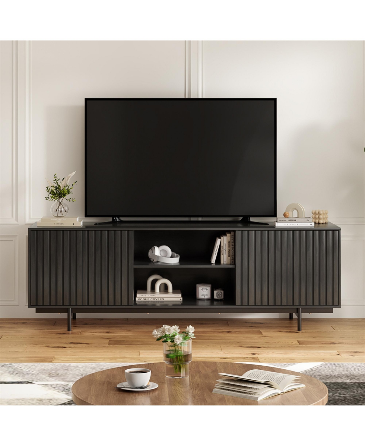 Clihome Mid Century Modern Wood Entertainment Center Tv Stand with Storage and Shelf - Black