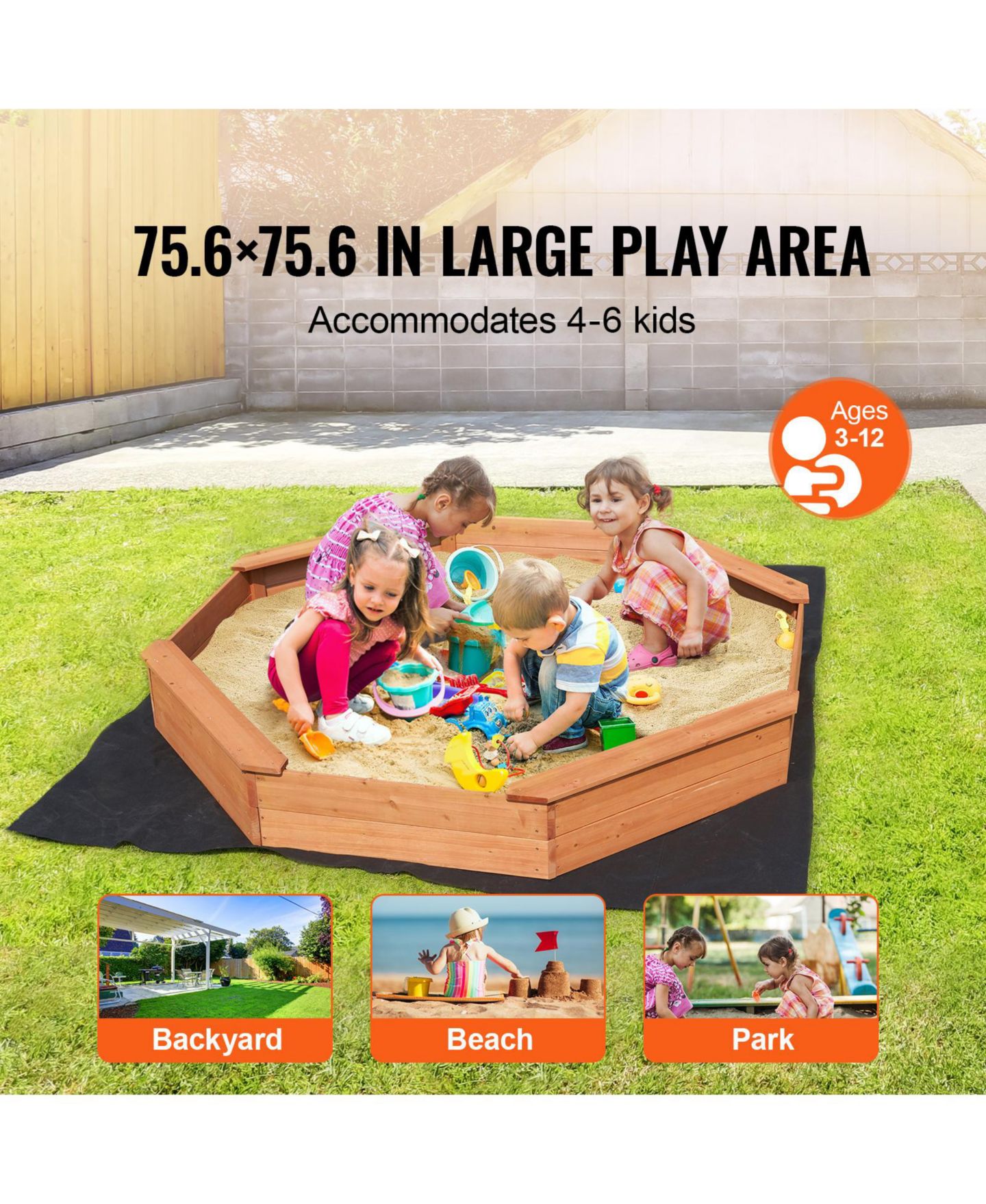 Детская игрушка VEVOR Octagonal Sandbox With Cover, 75.6" x 75.6", Accommodates 4-6 Children, Ages 7+ — фото 2