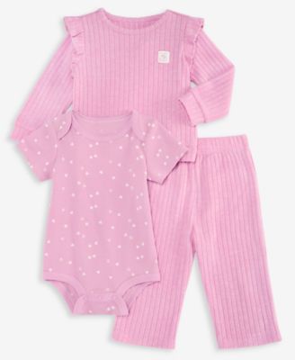 Baby Girls' Heart-Print Ruffle-Trim Bodysuit, Sweater and Pants, 3-Piece Set