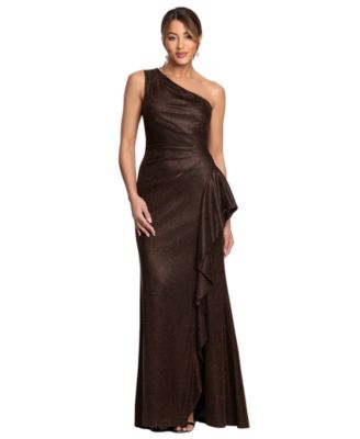 Petite Glitter Galaxy One-Shoulder Ruched Gown