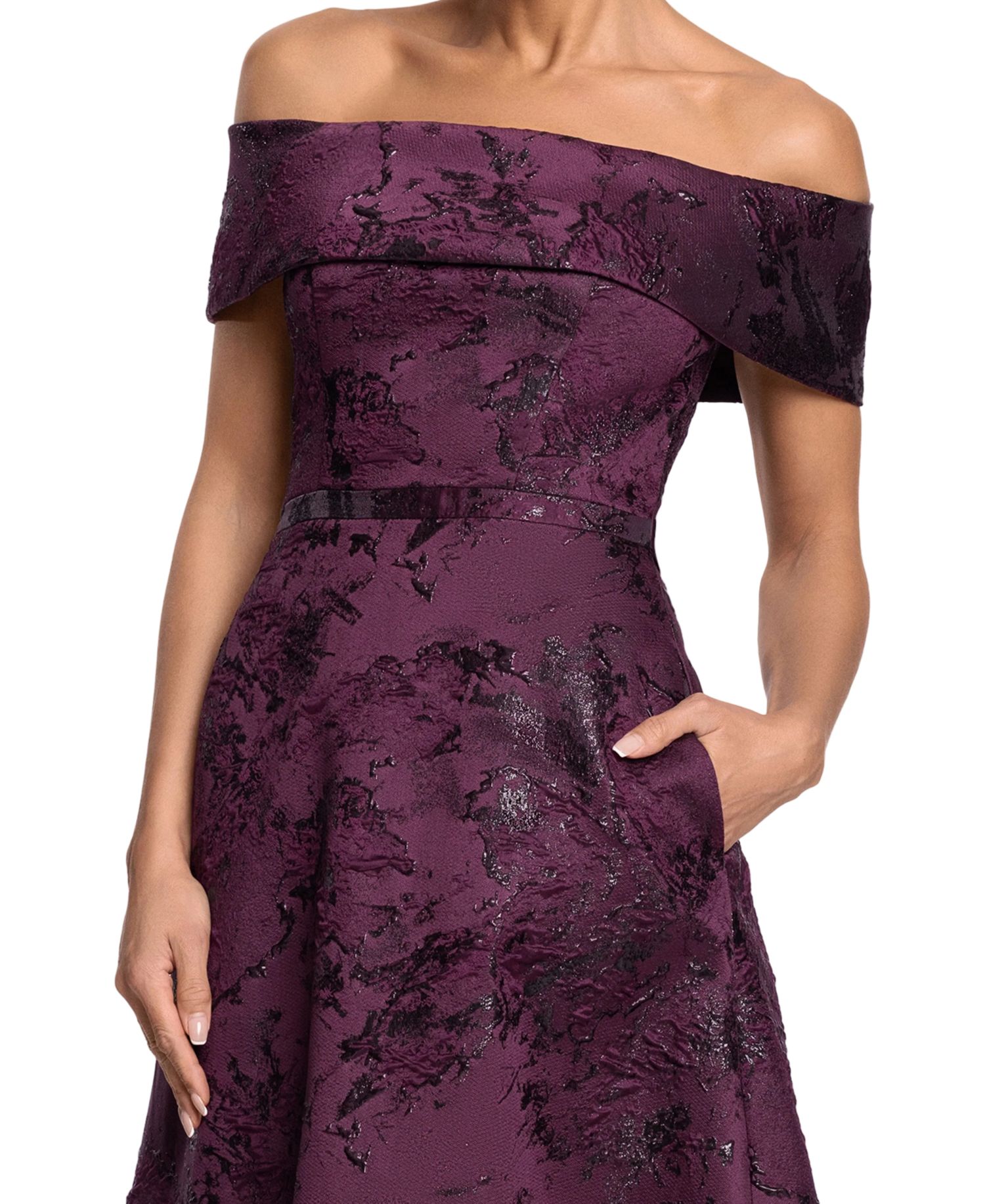 Petite Off-The-Shoulder Brocade Print Ball Gown