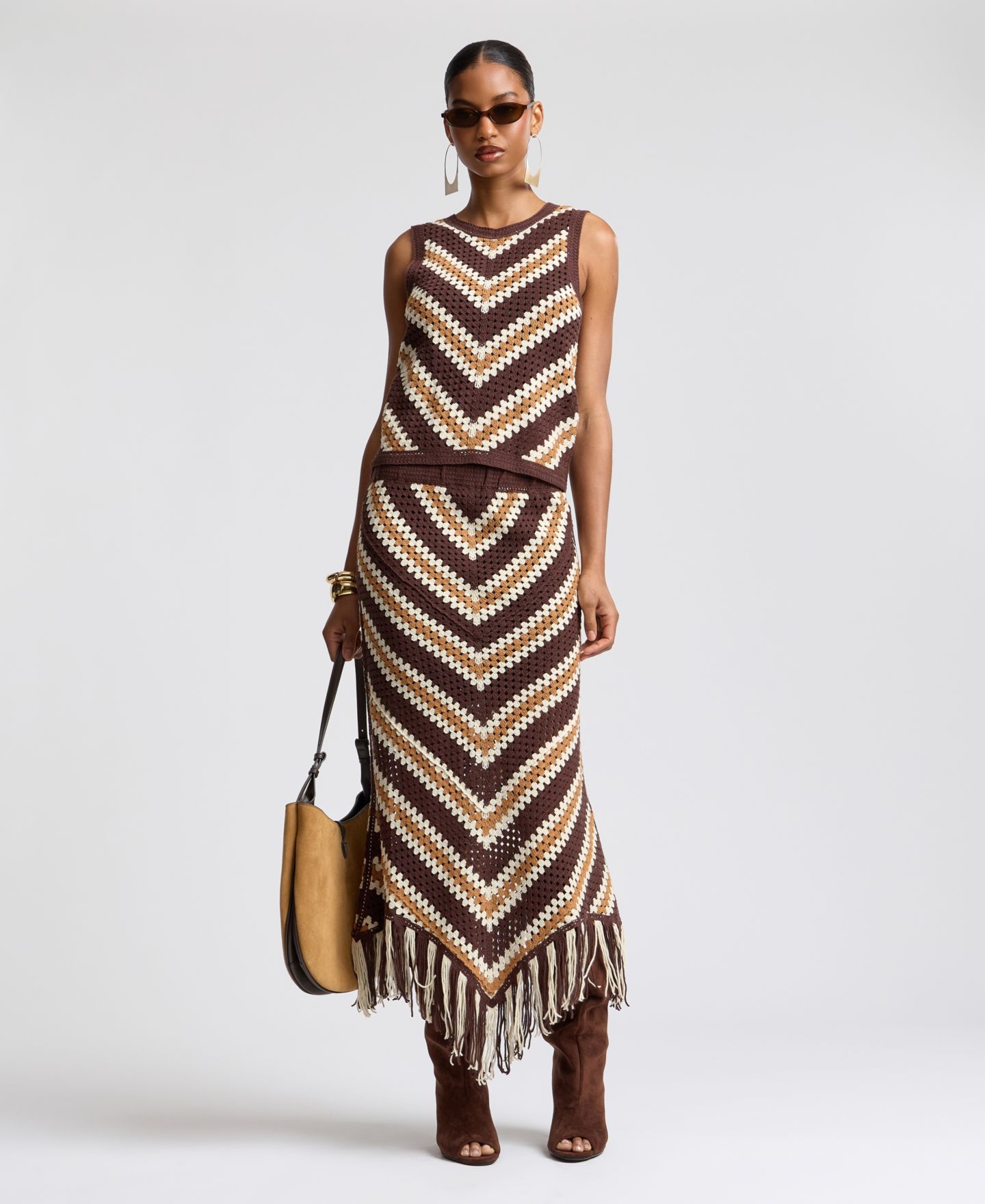 Женская юбка Avec Les Filles Striped-Crochet Midi Skirt with Fringe, цвет: Коричневый — фото 4