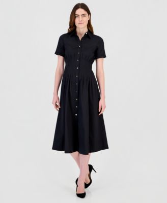 Women's Pleated-Waist Midi Shirt Dress