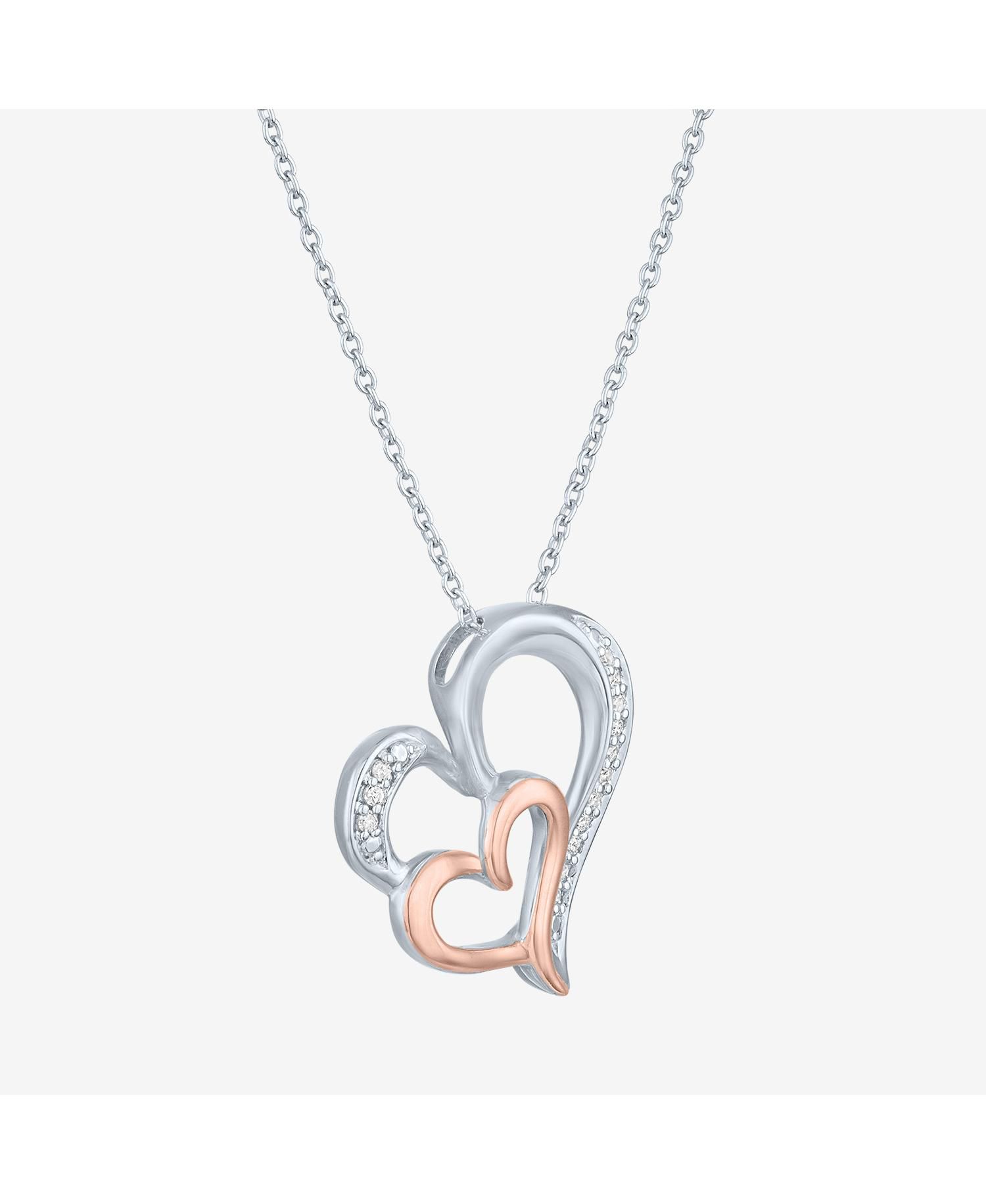 Diamond Double Heart Pendant Necklace in Sterling Silver and 14k Rose Gold (1/10 ct. t.w.)