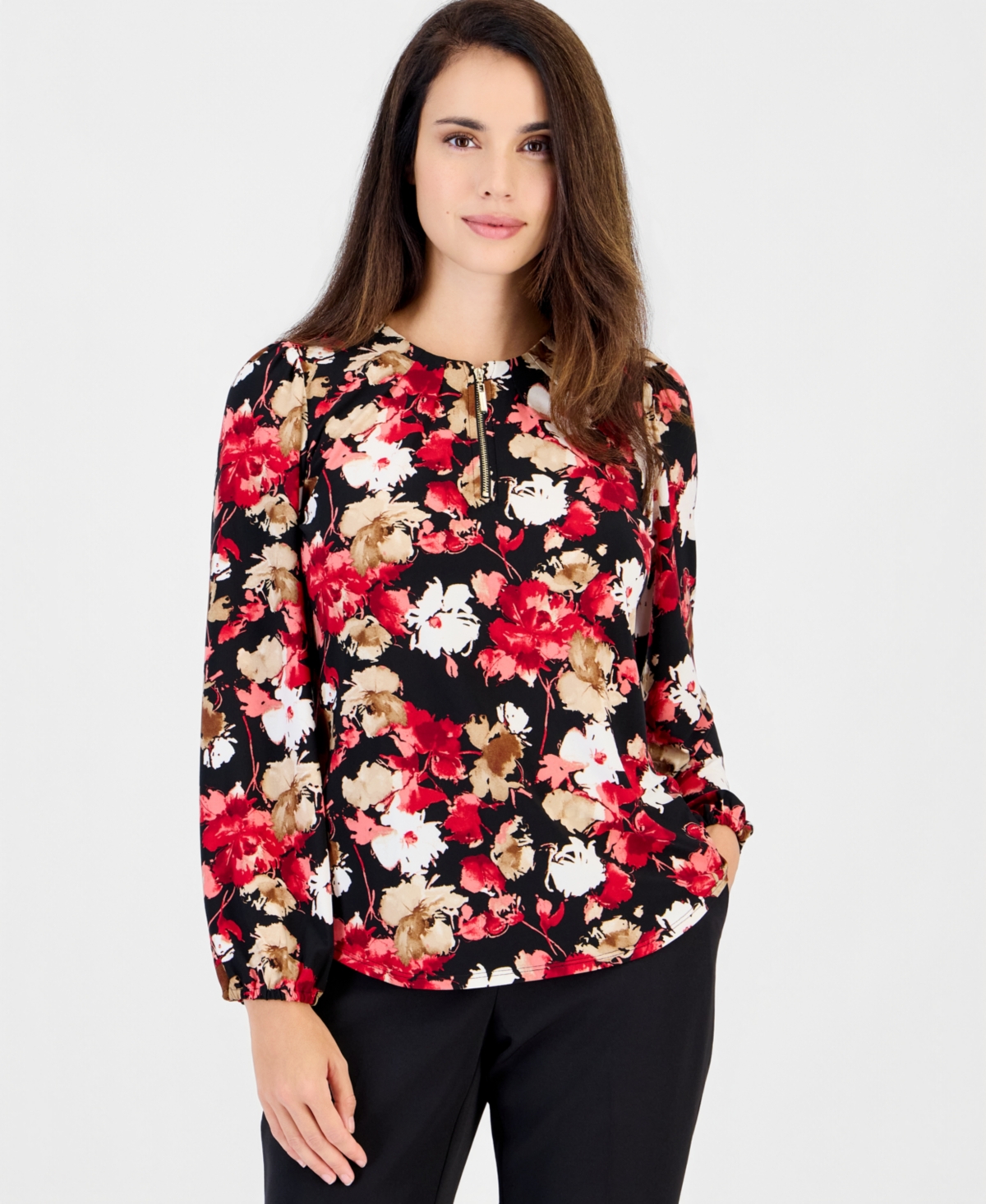 Anne Klein Essentials Petite Floral-Print Long-Sleeve Blouse