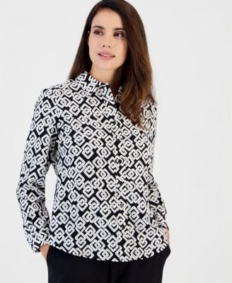 Petite Long-Sleeve Houndstooth Button-Front Blouse