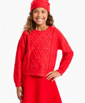 Girls' 4-16 Cable-Knit Imitation Pearl-Detail Sweater