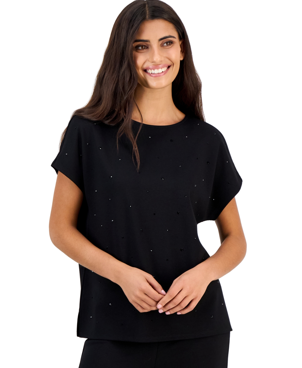 Anne Klein Essentials Petite Serentiy Heatset-Embellished Boat Neck Short-Sleeve T-Shirt
