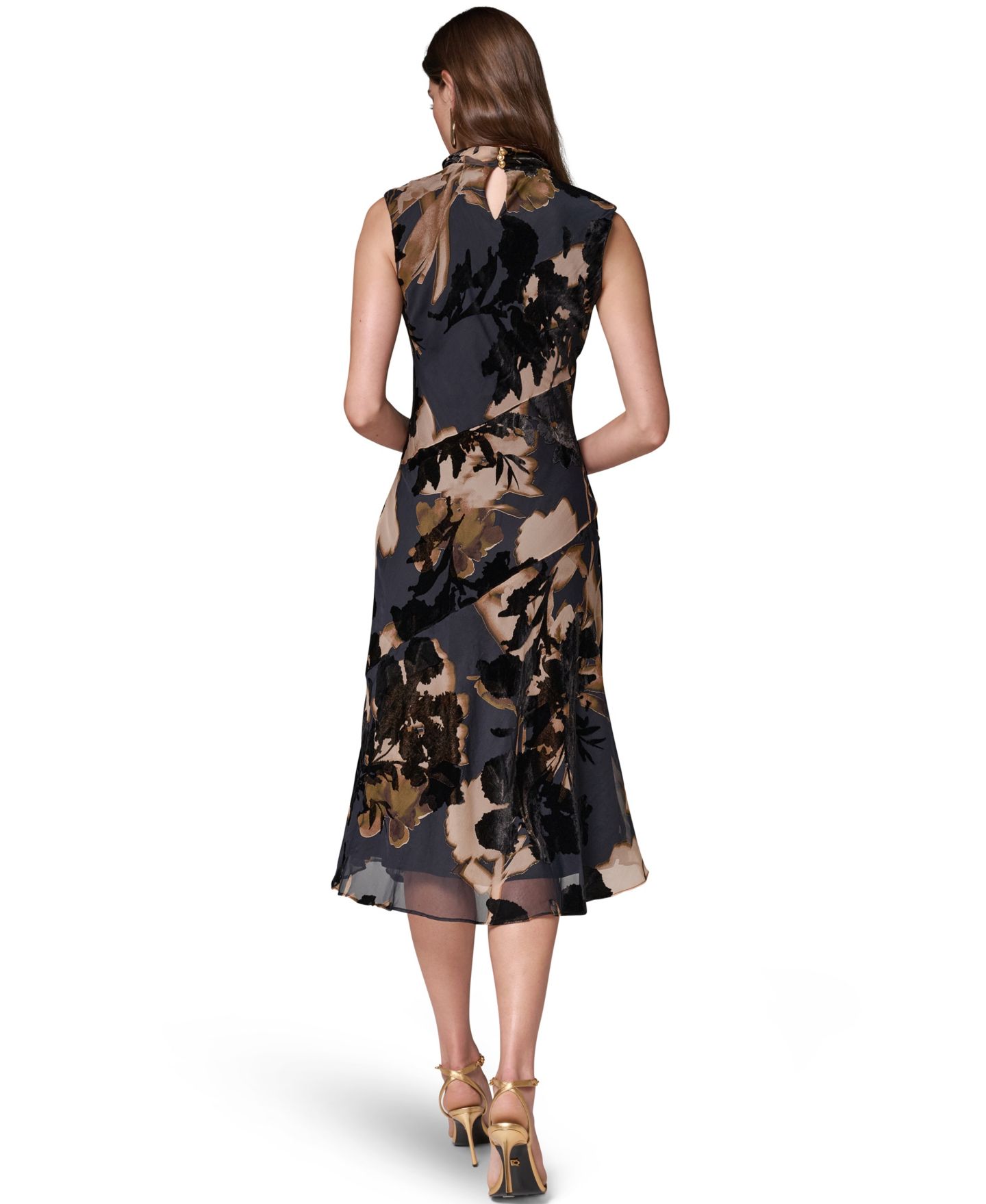 Женское платье Donna Karan New York Floral-Print Velvet Burnout A-Line Midi, цвет: Тёмно-коричневый разноцветный — фото 5