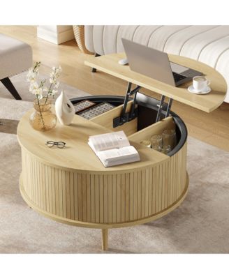 Round Lift-Top Storage Coffee Table with Vertical Striped Panel, Multi-Functional Hidden Storage Center Table for Living Room