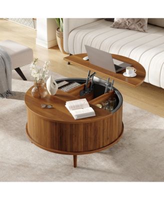 Round Lift-Top Storage Coffee Table with Vertical Striped Panel, Multi-Functional Hidden Storage Center Table for Living Room