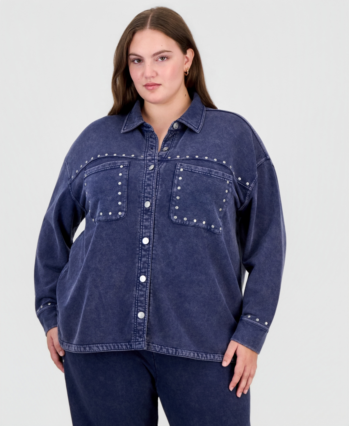 And Now This Plus Size French Terry Embellished Shirt Jacket, Macy's Exclusive - Indigo Batik