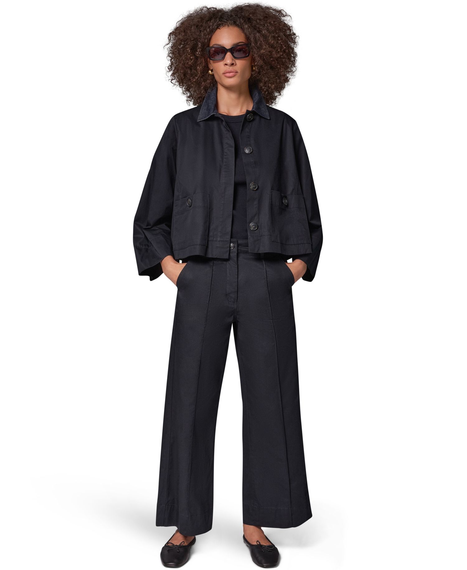 Women's Bell-Sleeve Trapeze Jacket with Denim Collar
