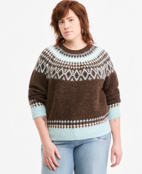 Женский свитер And Now This Plus Size Fair-Isle Crewneck, цвет: Коричневый / Синий