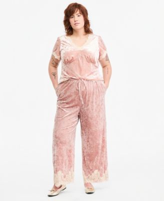 Plus Size Velvet Lace-Trim Wide-Leg High-Waisted Pants