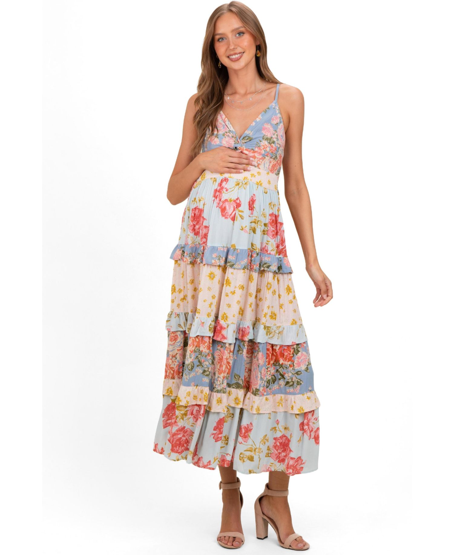 Maternity Floral Tiered Twist-Front Maxi Dress